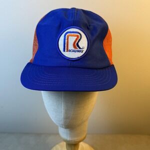 Vintage Roadway Hat Cap Snap Back Blue Orange Trucker Mesh Patch Promo Mens 80s